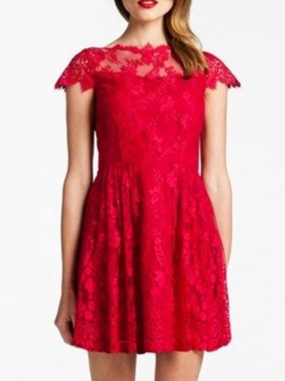 Cynthia Steffe Red Lace Fit-and-Flare Dress with Illusion Yoke